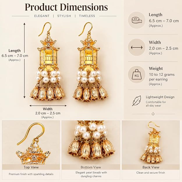 Gold Plated Pearl Light Earrings | Light Wale Earings | Stylish Jewellery For Women & Girls Dangle Drop Earrings Jhumka for Women with Lantern Earring